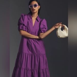 ENGLISH FACTORY TIERED PUFF SLEEVE DRESS PURPLE M